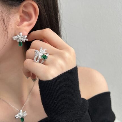Aurojewels Green Zirconia Ribbon Rope Knot Design Fashion Earrings