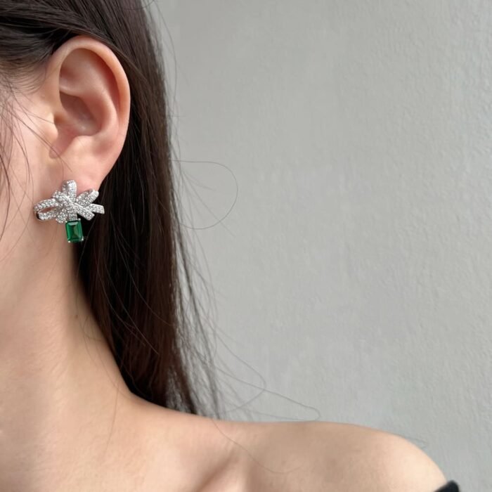 Aurojewels Green Zirconia Ribbon Rope Knot Design Fashion Earrings