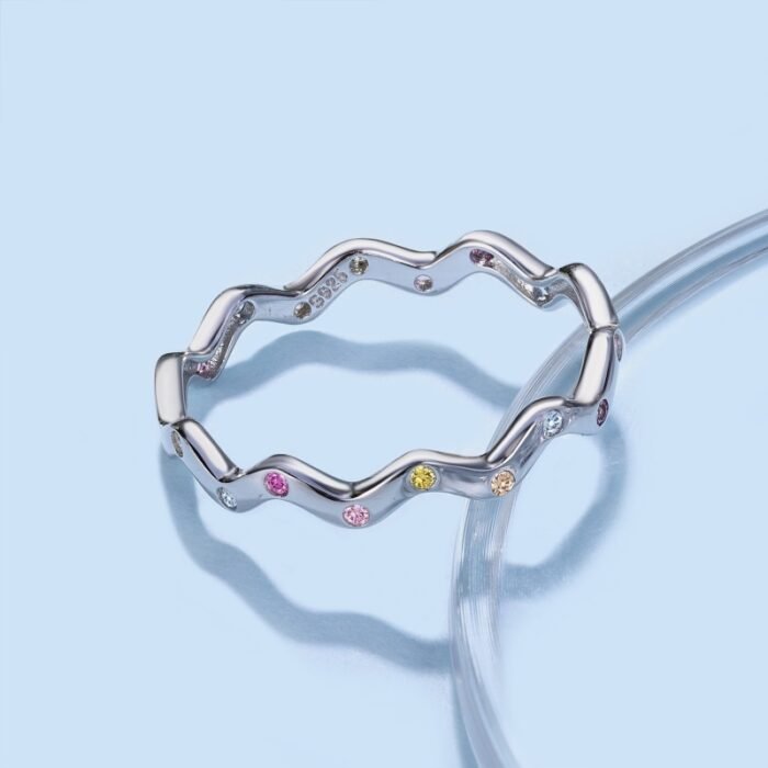 Aurojewels Silver Colourful Round Zirconia Inlaid Wave Ring