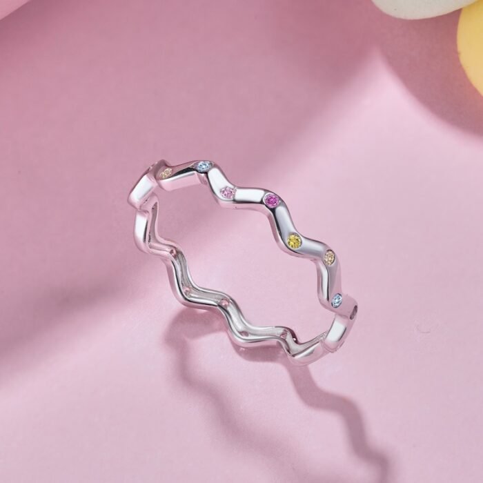 Aurojewels Silver Colourful Round Zirconia Inlaid Wave Ring