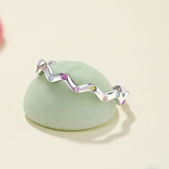 Aurojewels Silver Colourful Round Zirconia Inlaid Wave Ring
