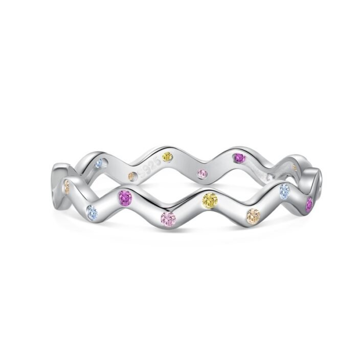 Aurojewels Silver Colourful Round Zirconia Inlaid Wave Ring