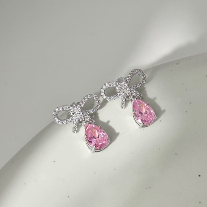 Aurojewels Pink Pear Drop Bow Design Earrings