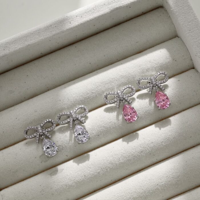 Aurojewels Pink Pear Drop Bow Design Earrings