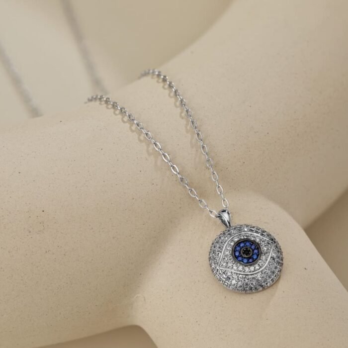 Aurojewels Silver Blue Round Zirconia Devil's Eye Necklace