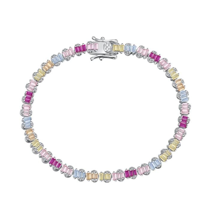 S925 Sterling Silver Colorful Rectangular Trapezium Rainbow Bracelet