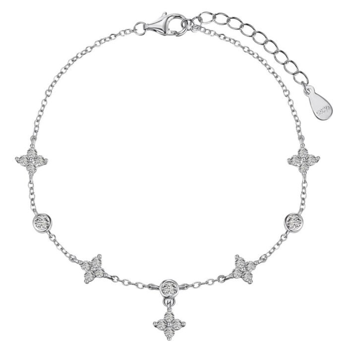 Aurojewels Silver S925 White Round Zirconia Clover Anklet