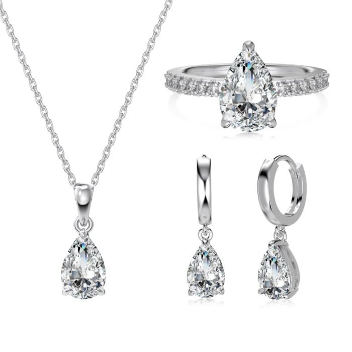 Aurojewels Silver S925 White Pear Drops Round Zirconia Fashion Design Set