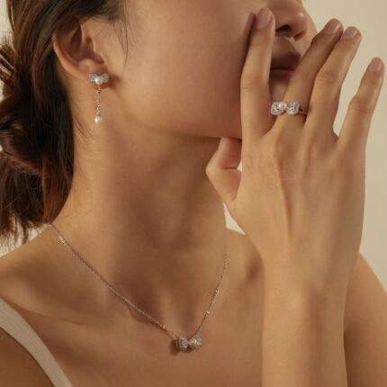Aurojewels Silver S925 Spiritual Heart Bow Necklace, Earrings, Ring