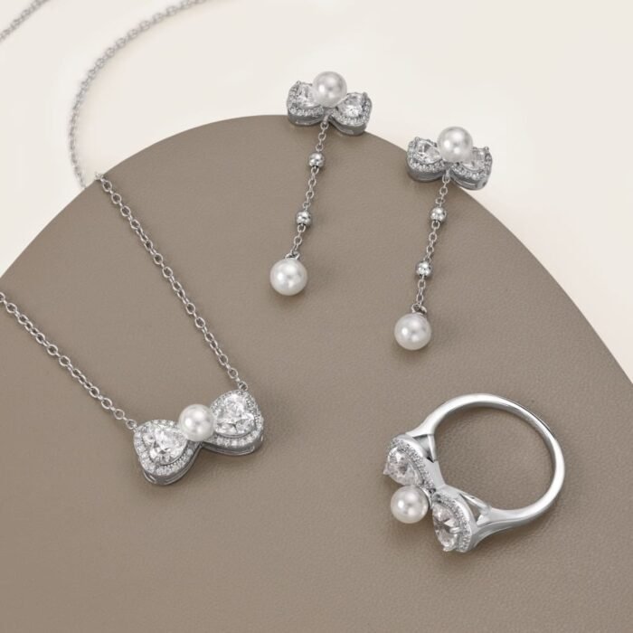 Aurojewels Silver S925 Spiritual Heart Bow Necklace, Earrings, Ring