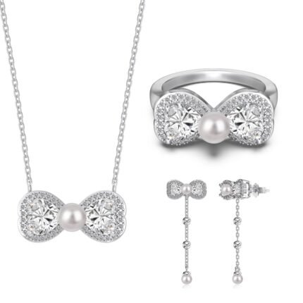 Aurojewels Silver S925 Spiritual Heart Bow Necklace, Earrings, Ring