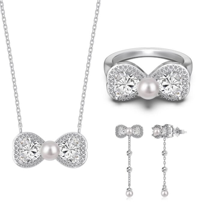 Aurojewels Silver S925 Spiritual Heart Bow Necklace, Earrings, Ring