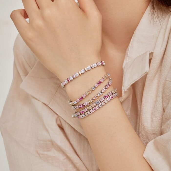 S925 Sterling Silver Colorful Rectangular Trapezium Rainbow Bracelet - Image 3