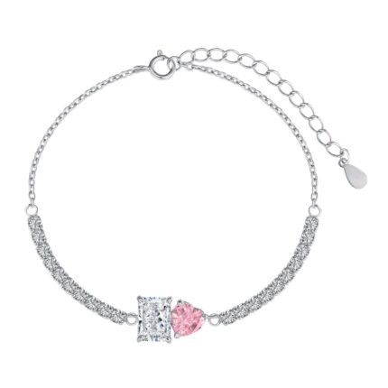 Aurojewels S925 Sterling Silver Pink Heart Zirconia "You&Me"Bracelet