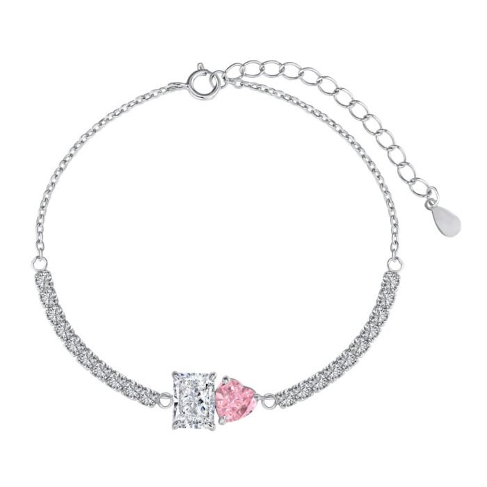 Aurojewels S925 Sterling Silver Pink Heart Zirconia "You&Me"Bracelet