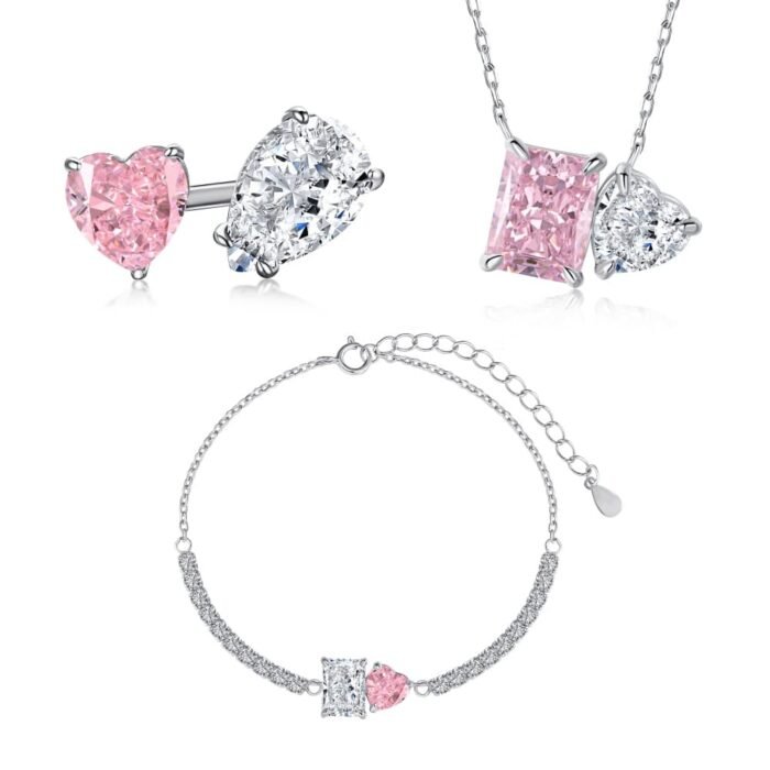 Aurojewels S925 Sterling Silver Pink Heart Zirconia "You&Me"Bracelet
