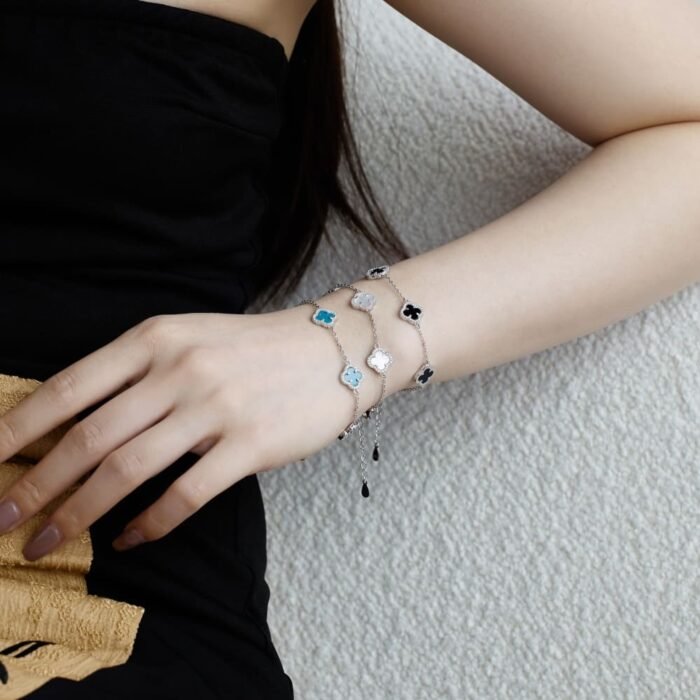 Three colors of Aurojewels Silver S925 Onyx White Round Zirconia with Diamonds Foliflora Bracelet